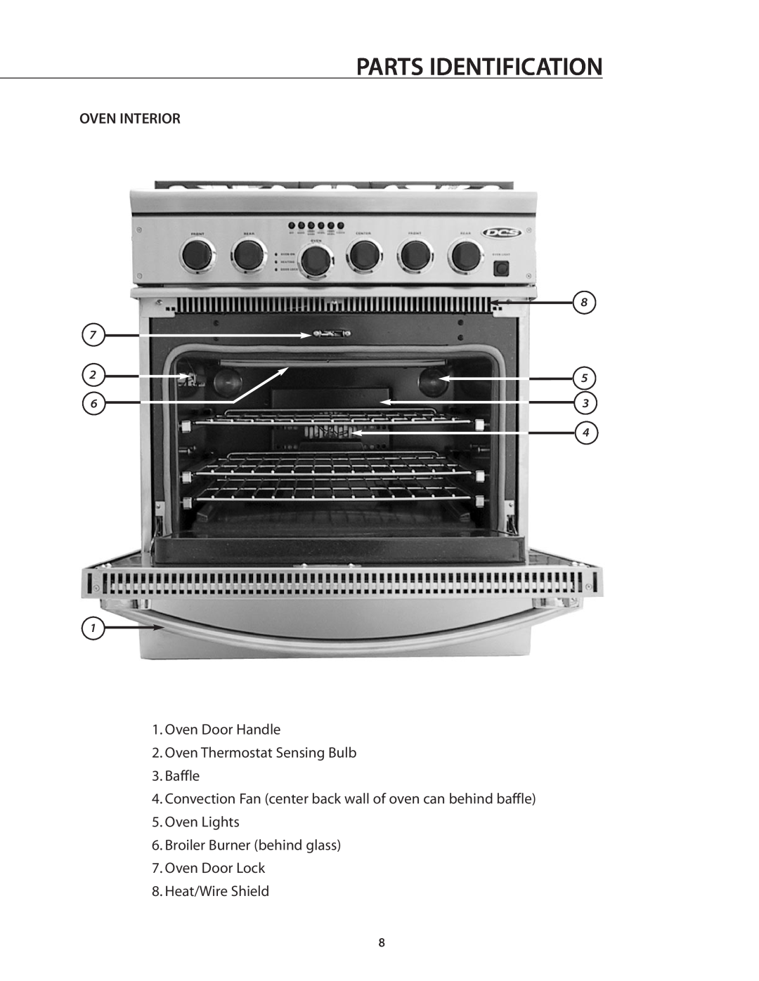 DCS RGSC-305BK Oven Interior, Oven Door Handle 2.Oven Thermostat Sensing Bulb, Baffle, Oven Door Lock 8.Heat/Wire Shield 