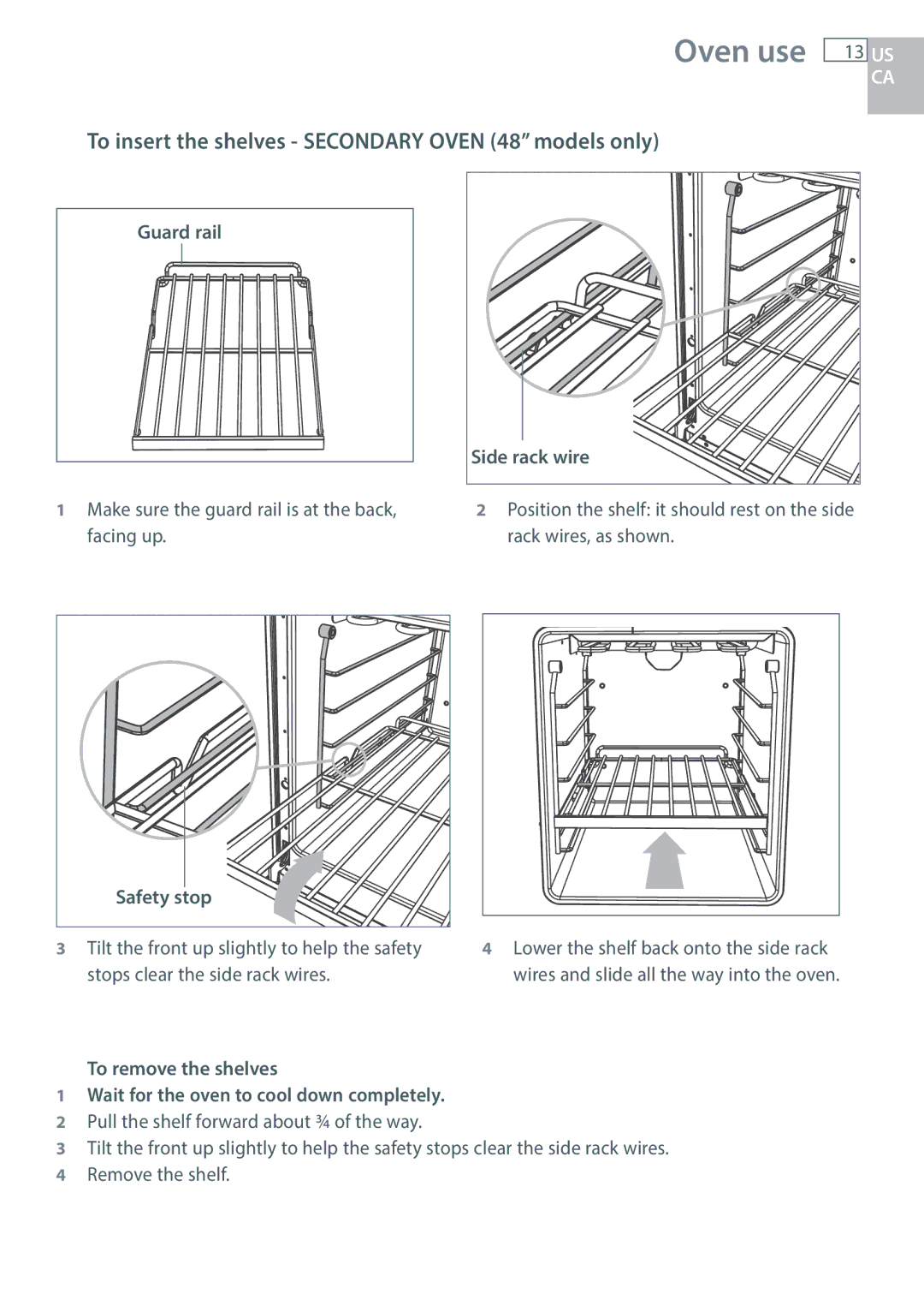 DCS RGUC/RGVC, RGY/RGV, RDU/RDV manual To insert the shelves Secondary Oven 48 models only, Guard rail 