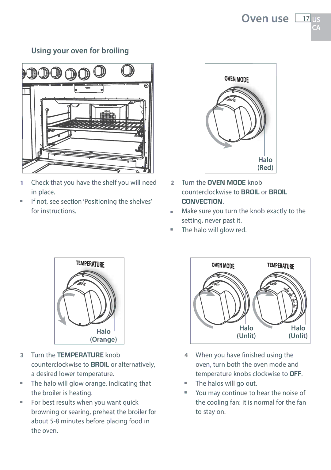 DCS RGY/RGV, RGUC/RGVC, RDU/RDV manual Oven use 17 US, Using your oven for broiling, Halo Orange, HaloHalo Unlit Unlit 