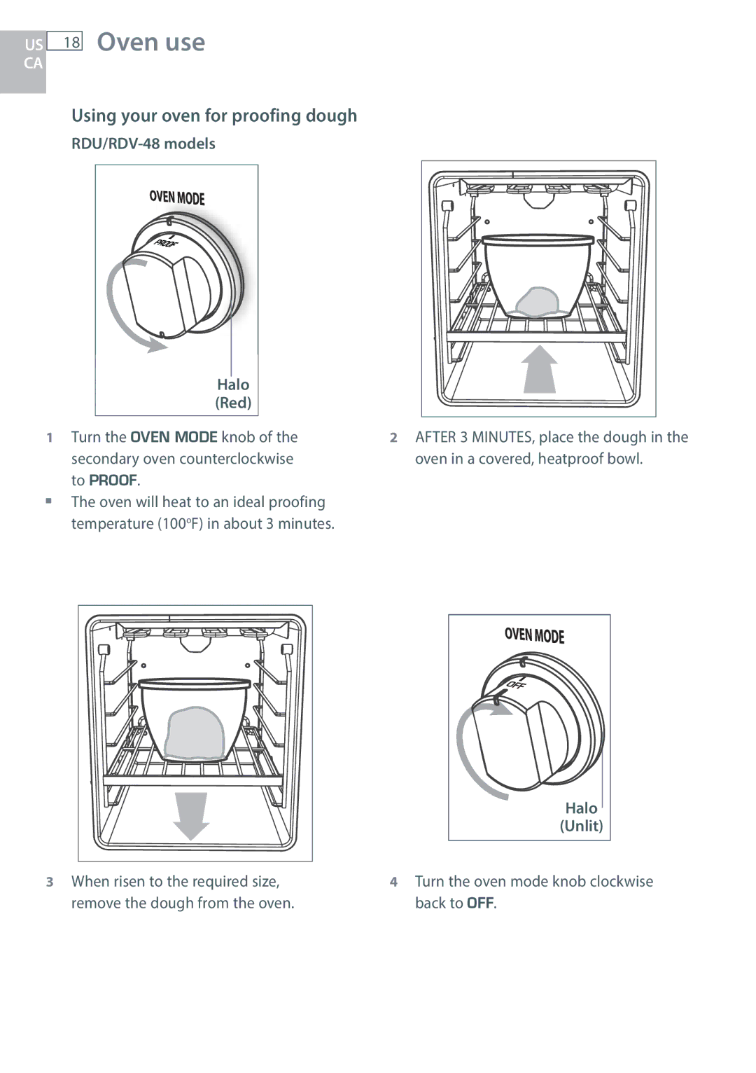 DCS RGUC/RGVC, RGY/RGV manual US 18 Oven use, Using your oven for proofing dough, RDU/RDV-48 models Halo Red, Halo Unlit 