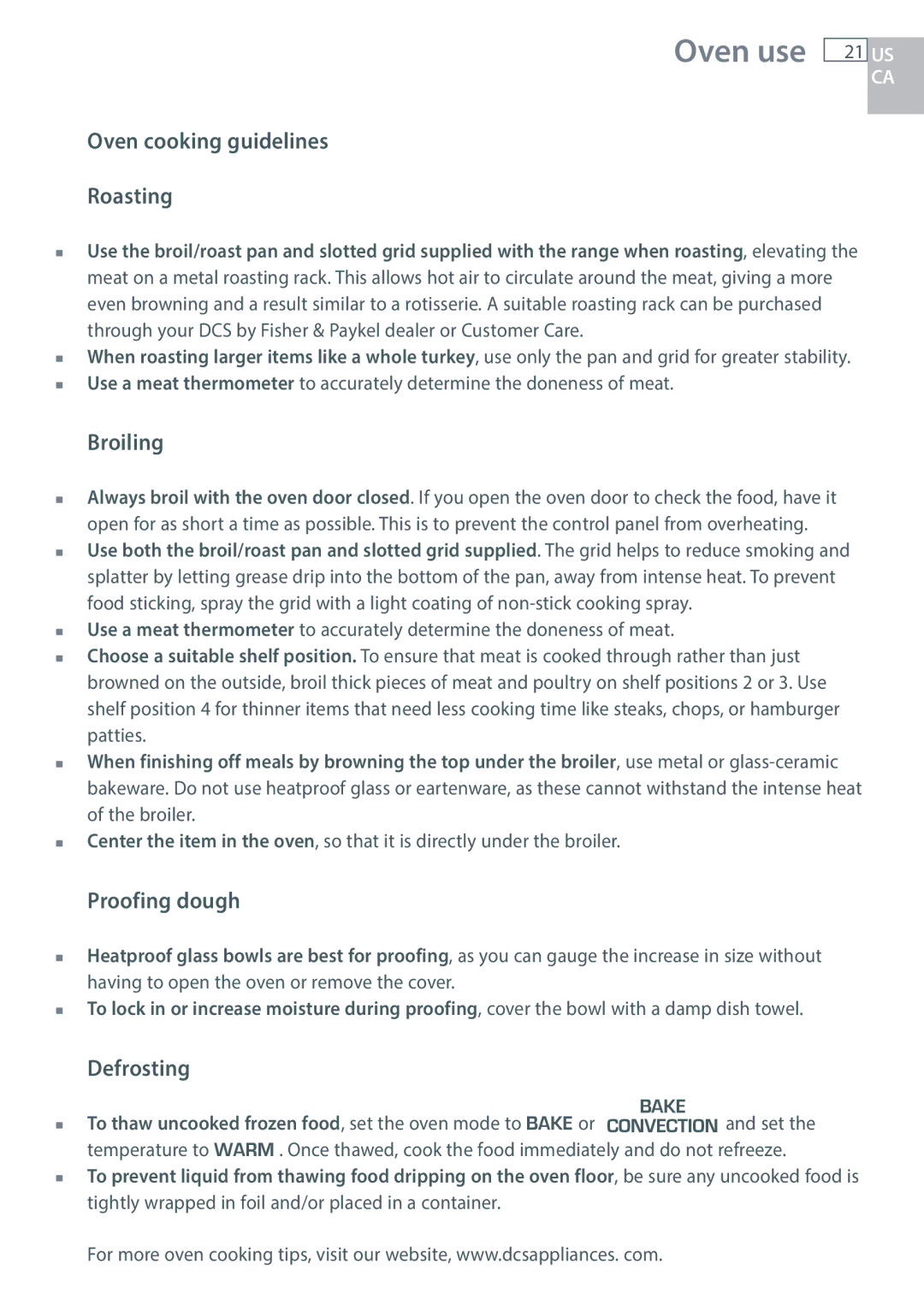 DCS RDU/RDV, RGUC/RGVC, RGY/RGV manual Oven cooking guidelines Roasting, Broiling, Proofing dough, Defrosting 