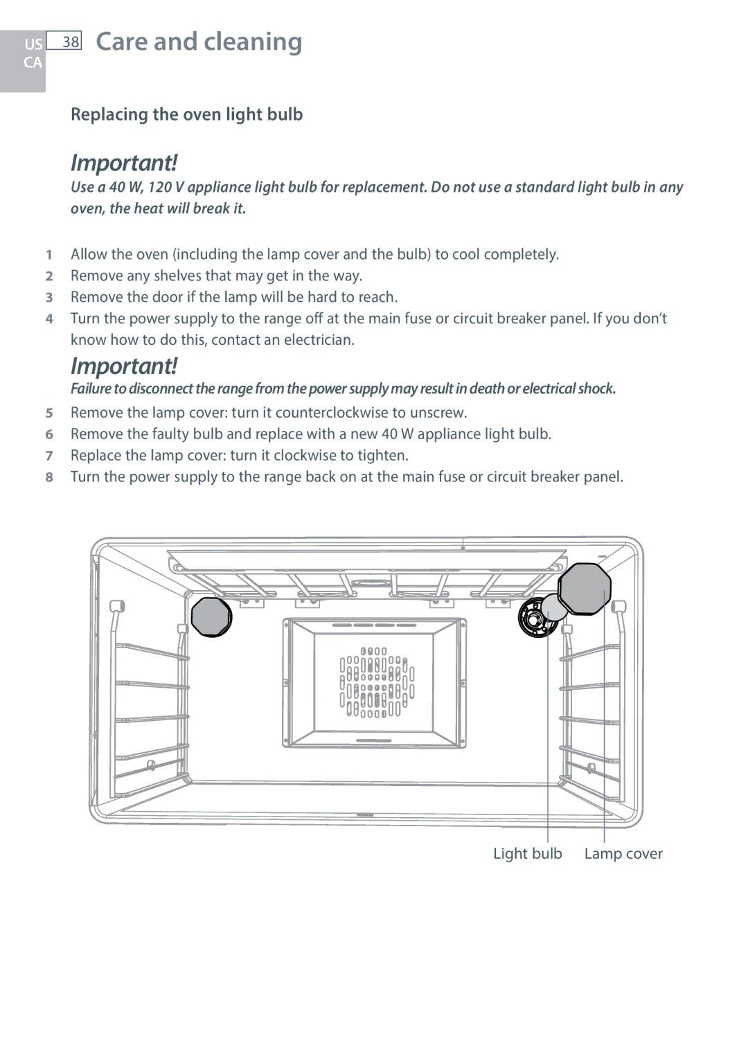 DCS RGY/RGV, RGUC/RGVC, RDU/RDV manual Replacing the oven light bulb 