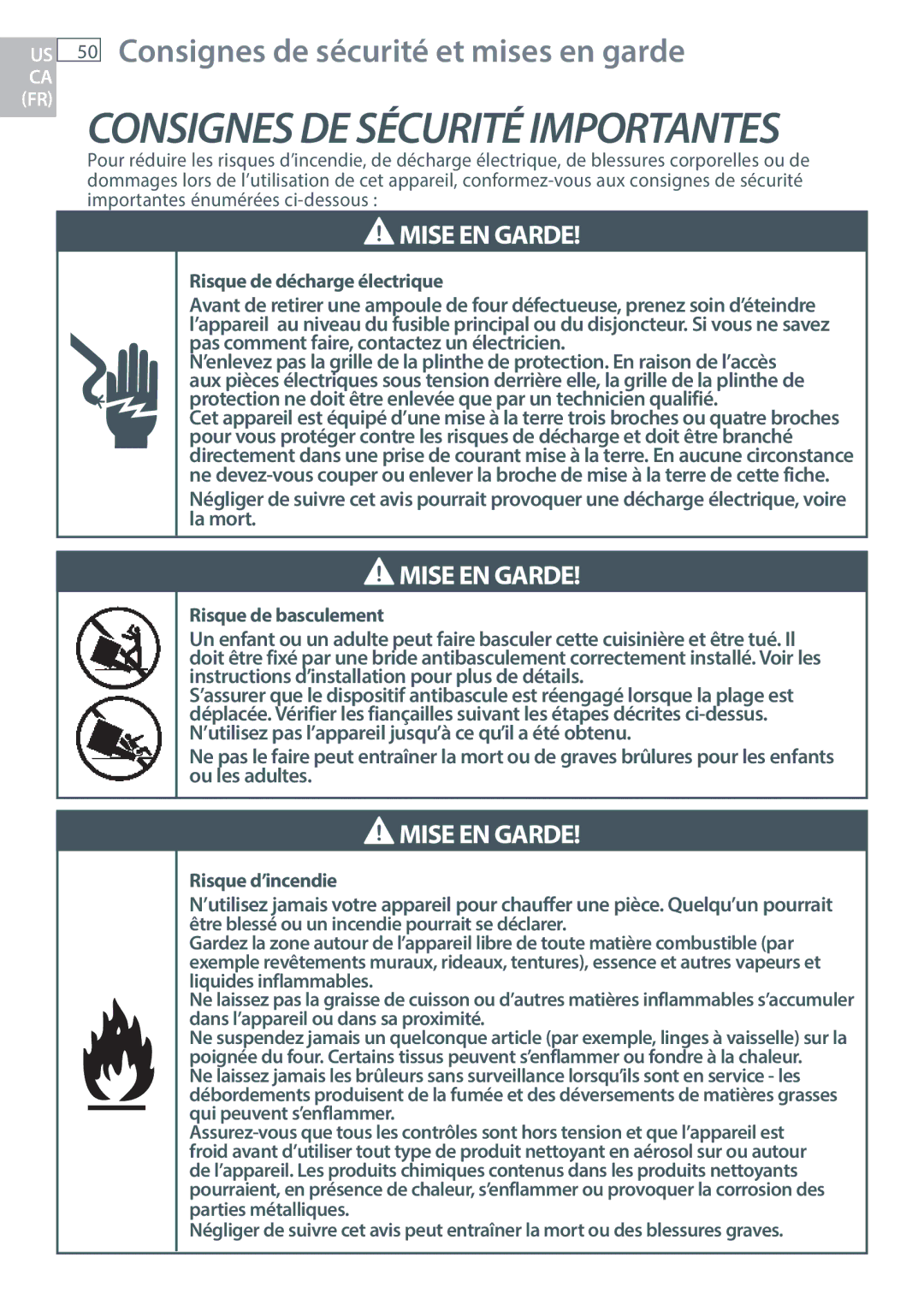 DCS RGY/RGV, RGUC/RGVC, RDU/RDV manual Consignes DE Sécurité Importantes, Consignes de sécurité et mises en garde 