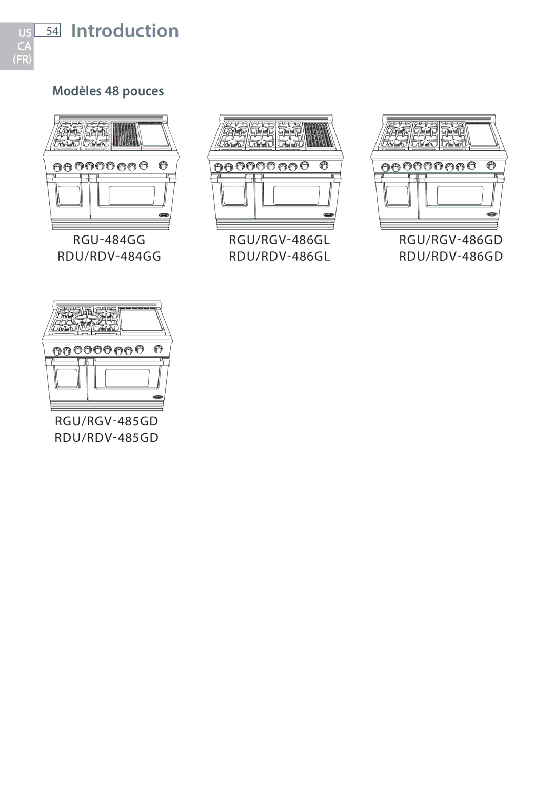 DCS RDU/RDV, RGUC/RGVC, RGY/RGV manual Introduction, Modèles 48 pouces 