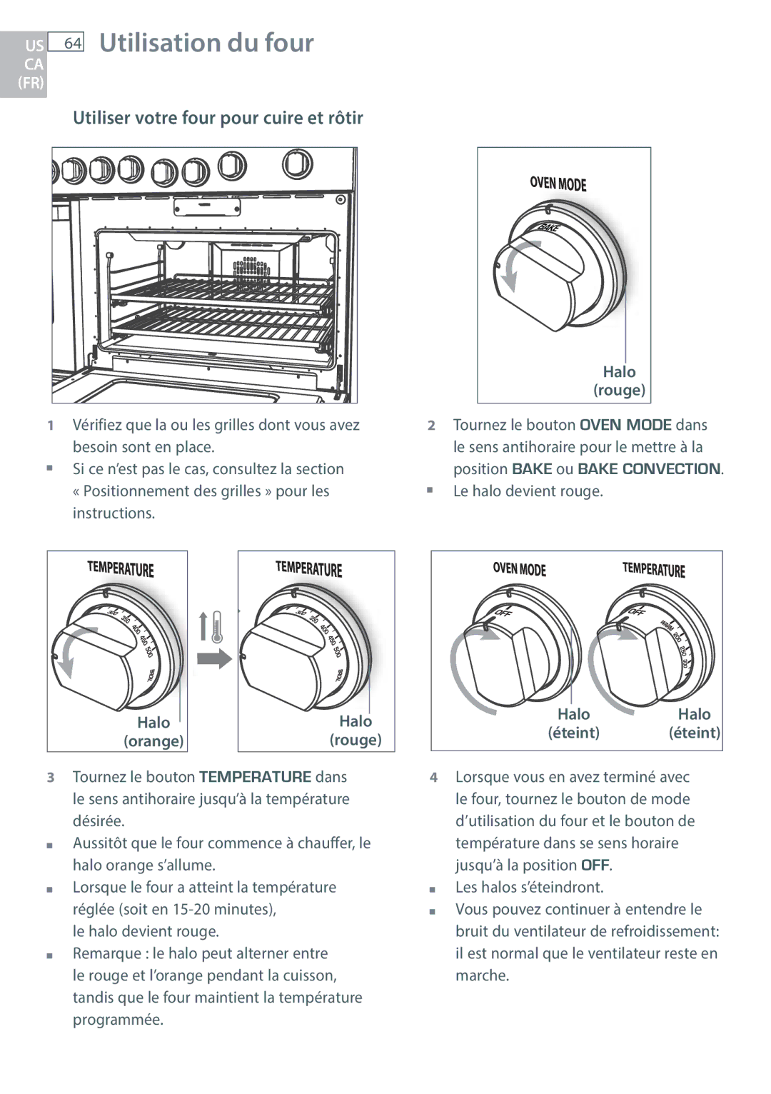 DCS RGUC/RGVC manual US 64 Utilisation du four, Utiliser votre four pour cuire et rôtir, Halo Rouge, HaloHalo Éteint éteint 