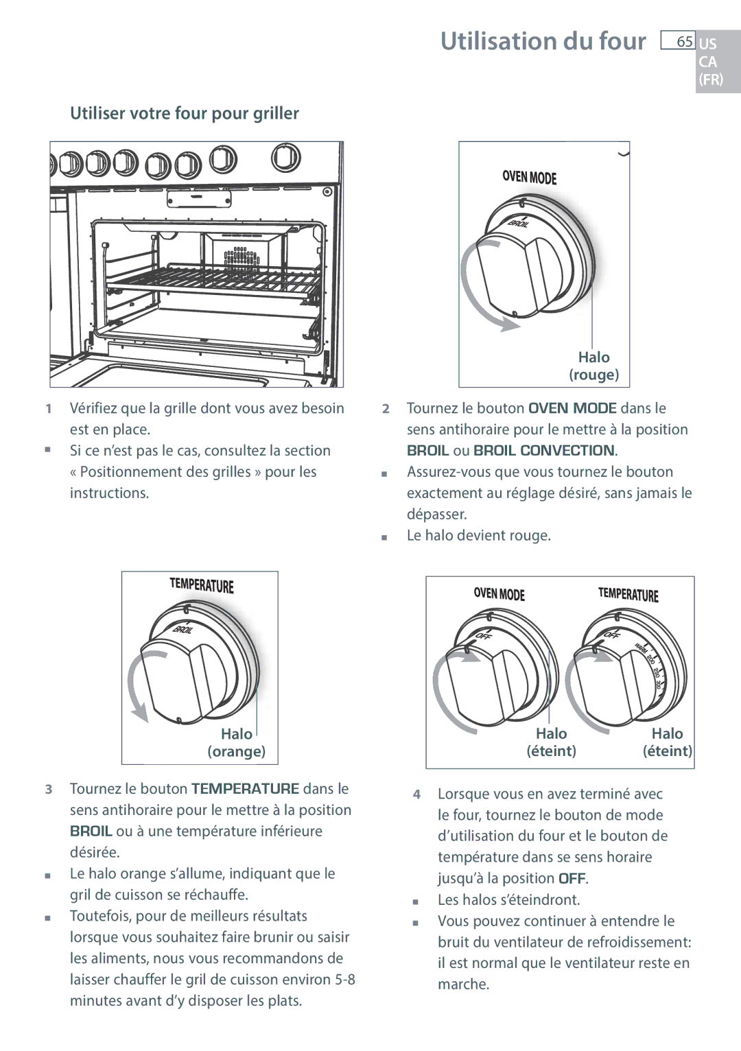 DCS RGY/RGV, RGUC/RGVC, RDU/RDV manual Utilisation du four 65 US, Utiliser votre four pour griller 