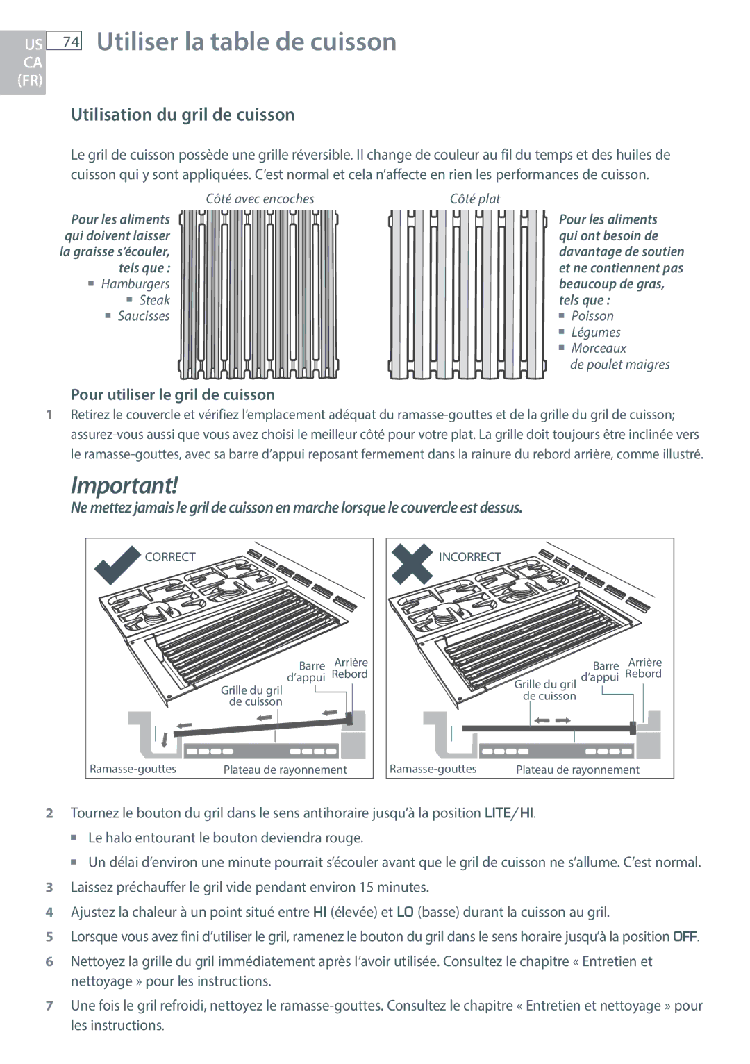 DCS RGY/RGV, RGUC/RGVC, RDU/RDV manual Utilisation du gril de cuisson, Pour utiliser le gril de cuisson 