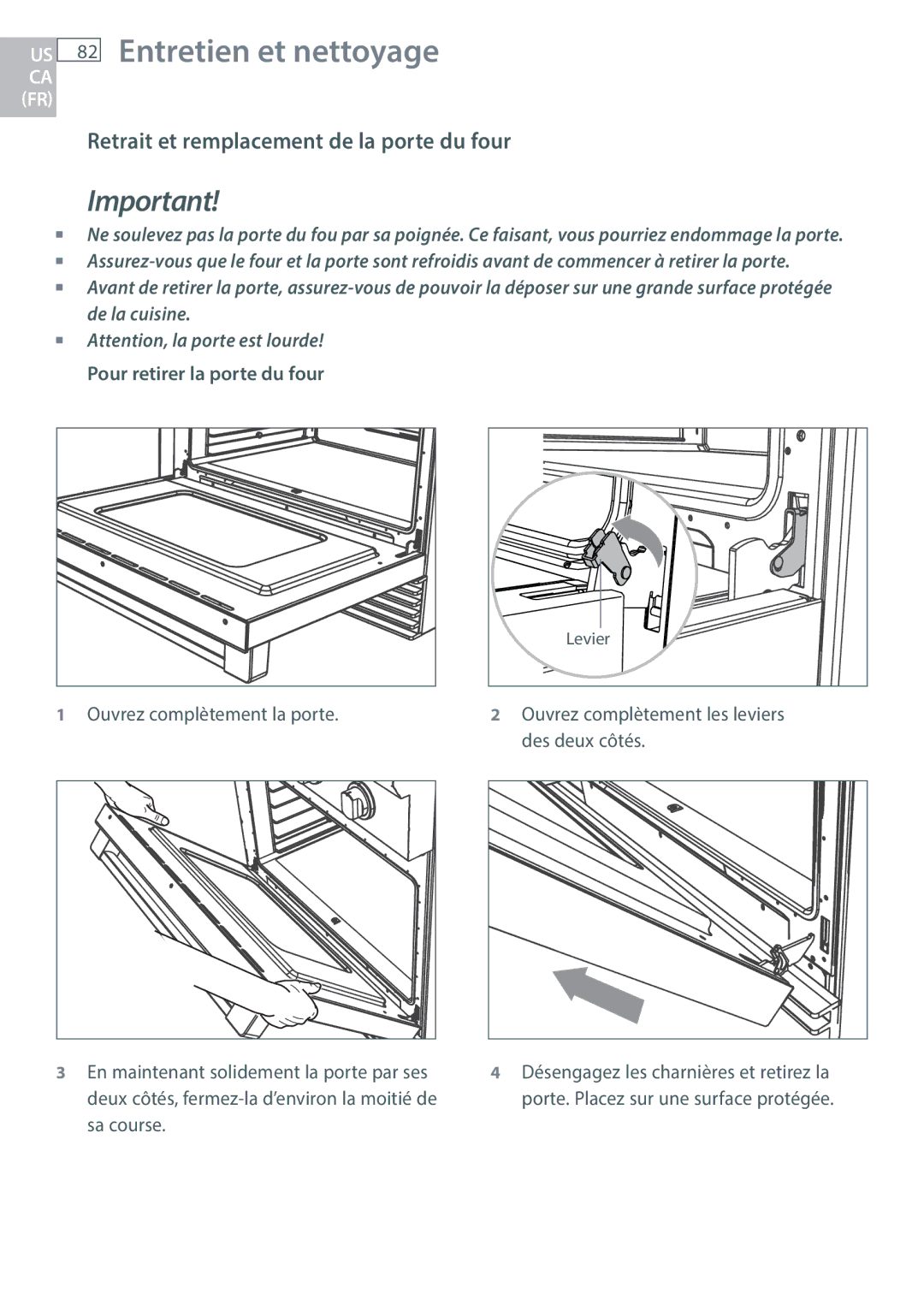 DCS RGUC/RGVC, RGY/RGV, RDU/RDV manual Retrait et remplacement de la porte du four, Pour retirer la porte du four 