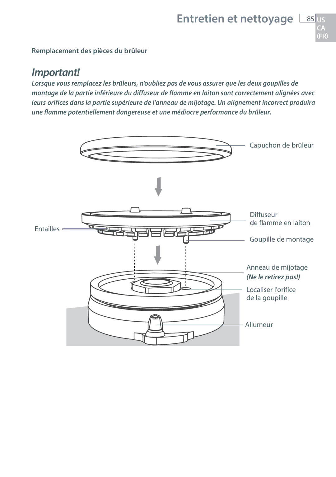 DCS RGUC/RGVC, RGY/RGV, RDU/RDV manual Remplacement des pièces du brûleur 