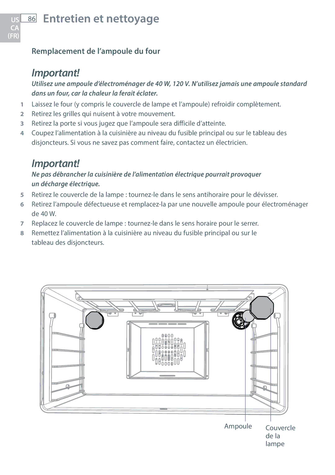 DCS RGY/RGV, RGUC/RGVC, RDU/RDV manual Remplacement de l’ampoule du four 