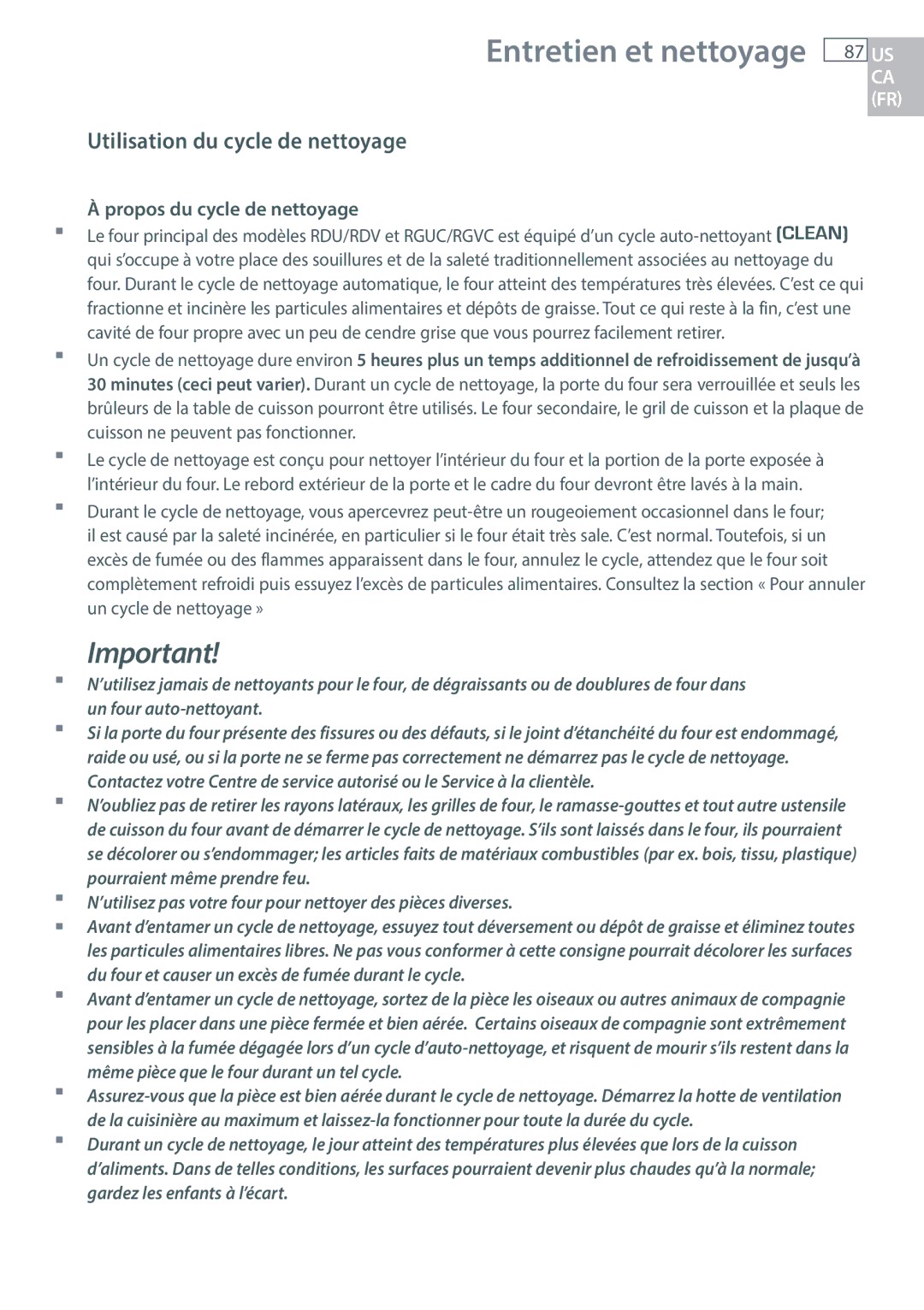 DCS RDU/RDV, RGUC/RGVC, RGY/RGV manual Utilisation du cycle de nettoyage, Propos du cycle de nettoyage 