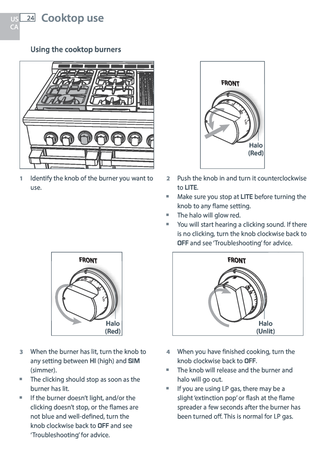 DCS RDU/RDV, RGUC/RGVC, RGY/RGV manual US 24 Cooktop use, Using the cooktop burners 