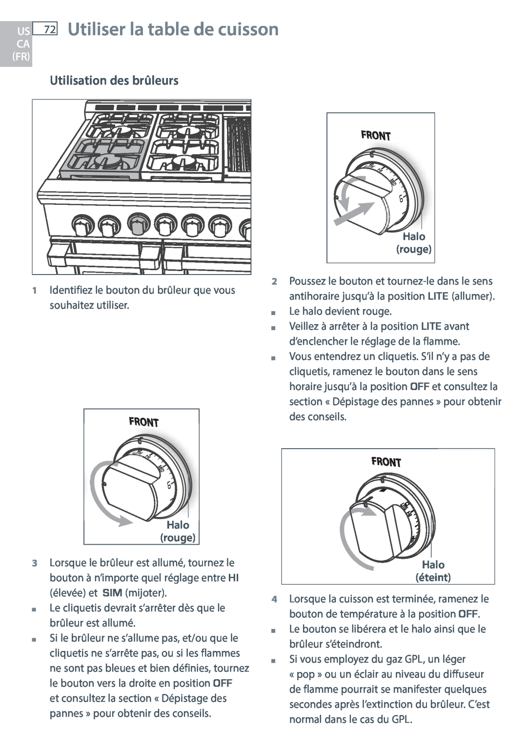 DCS RDU/RDV, RGUC/RGVC, RGY/RGV manual US 72 Utiliser la table de cuisson, Utilisation des brûleurs, Ca Fr 
