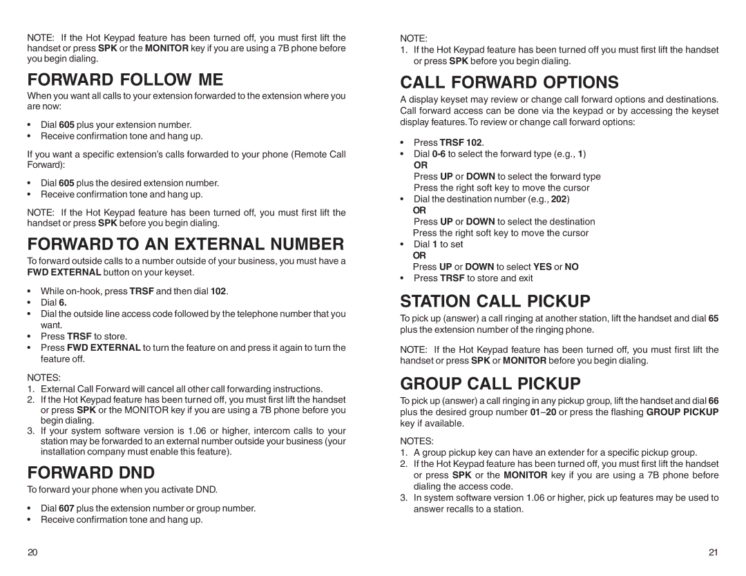 DCS BASIC 12B, 7B Forward Follow ME, Forward to AN External Number, Forward DND, Call Forward Options, Station Call Pickup 