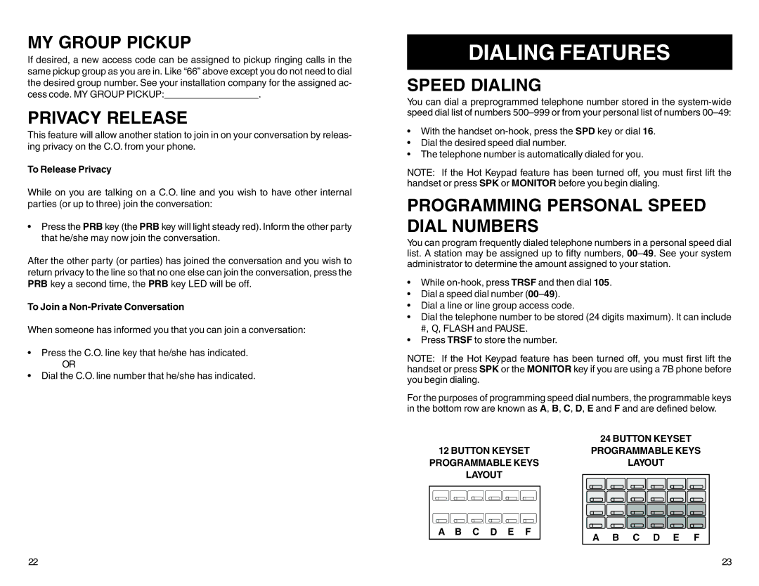 DCS LCD 12B, 7B Dialing Features, MY Group Pickup, Privacy Release, Speed Dialing, Programming Personal Speed Dial Numbers 