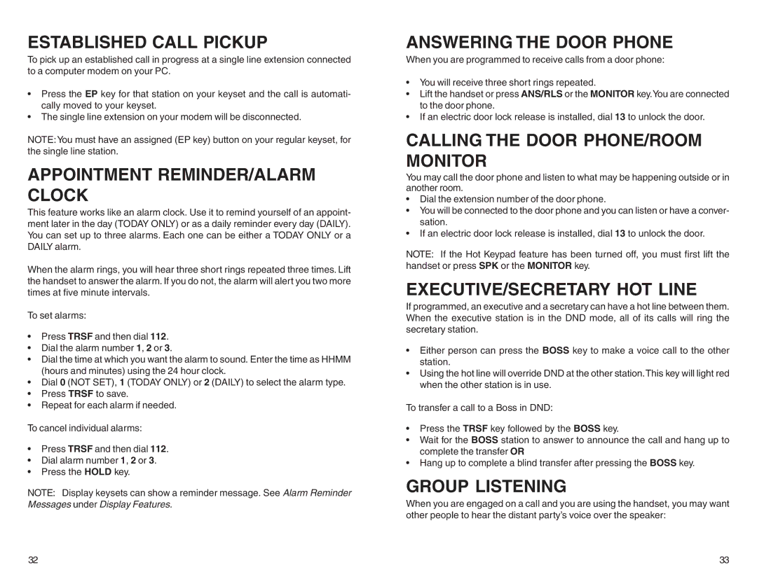 DCS LCD 12B, STD 24B Established Call Pickup, Appointment REMINDER/ALARM Clock, Answering the Door Phone, Group Listening 