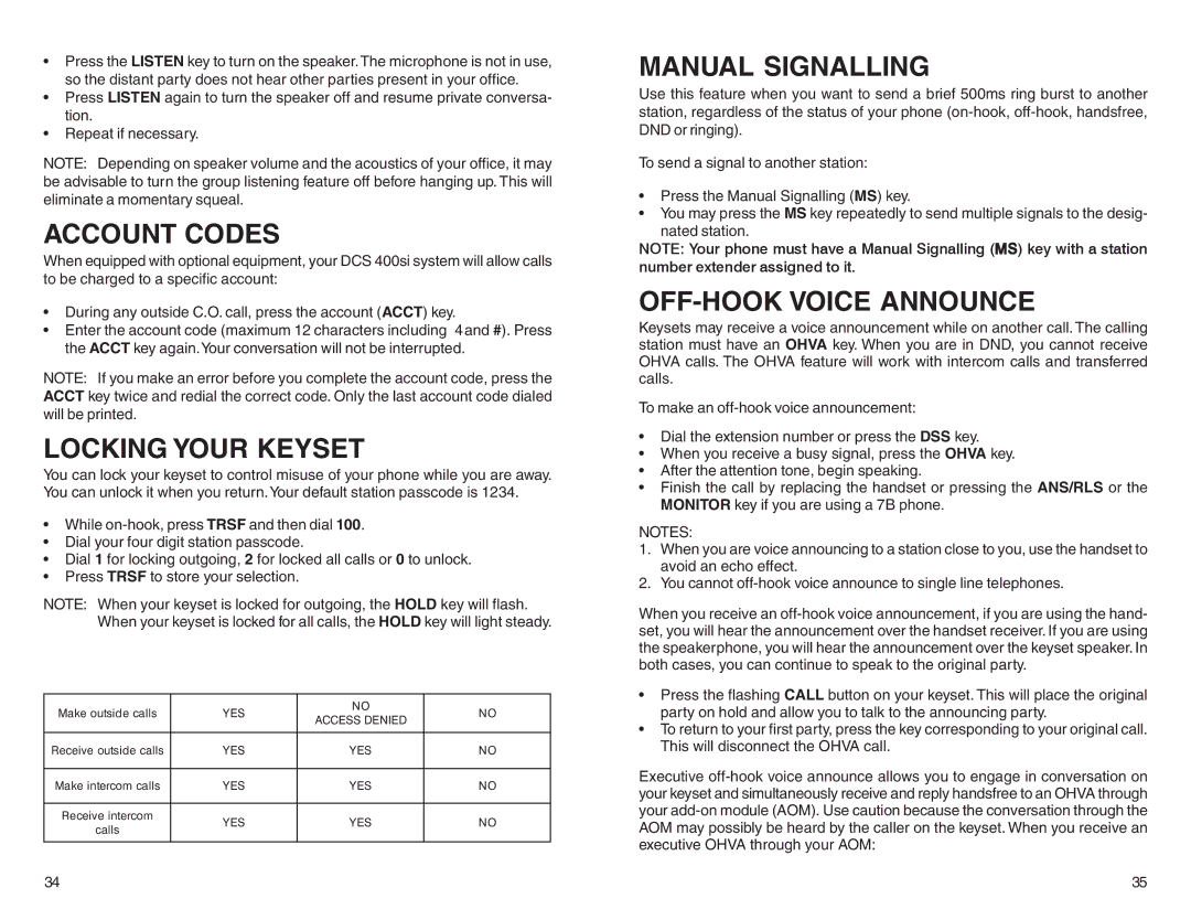 DCS STD 24B, LCD 24B, 7B, BASIC 12B, LCD 12B Account Codes, Locking Your Keyset, Manual Signalling, OFF-HOOK Voice Announce 