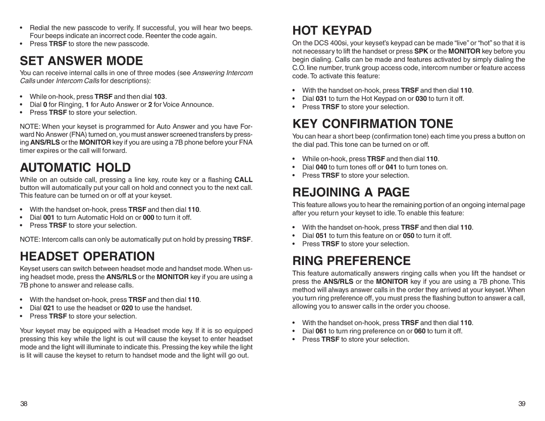 DCS 7B SET Answer Mode, Automatic Hold, Headset Operation, HOT Keypad, KEY Confirmation Tone, Rejoining a, Ring Preference 