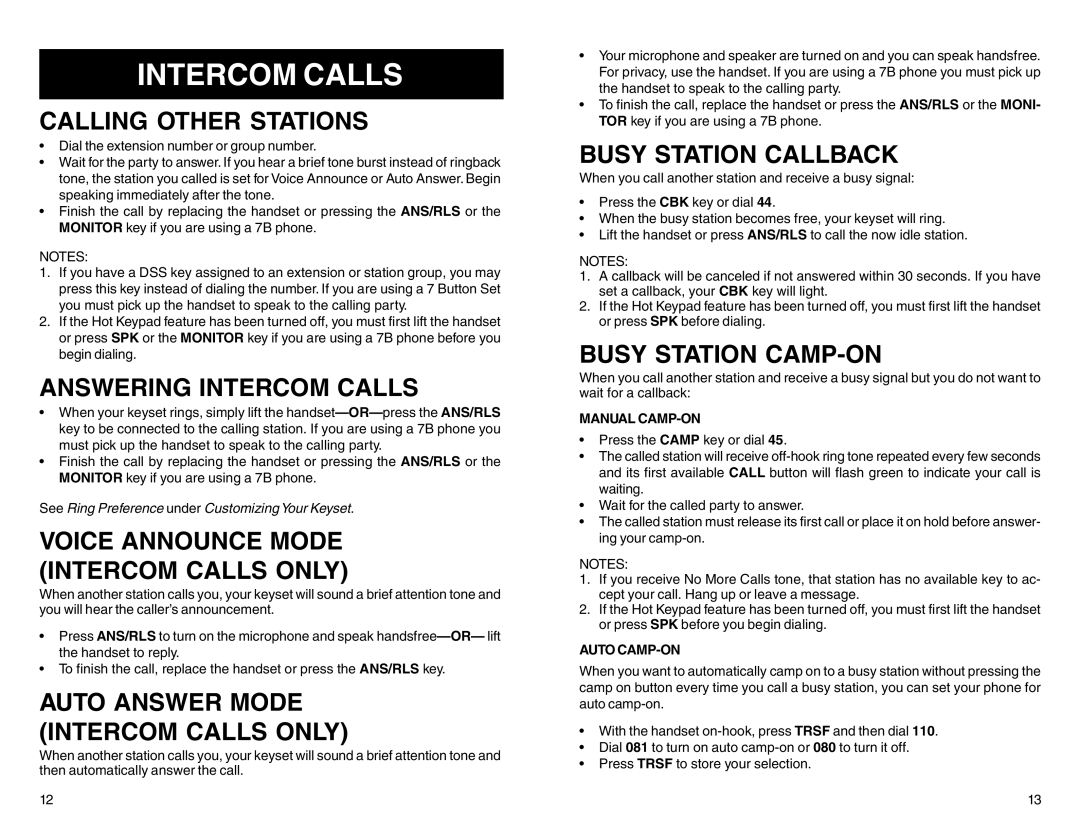 DCS LCD 12B, STD 24B, LCD 24B, 7B, BASIC 12B manual Intercom Calls 