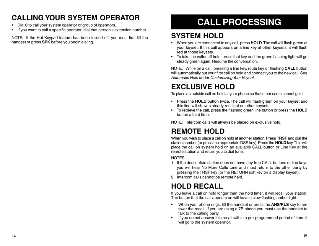 DCS STD 24B, LCD 24B Call Processing, Calling Your System Operator, System Hold, Exclusive Hold, Remote Hold, Hold Recall 