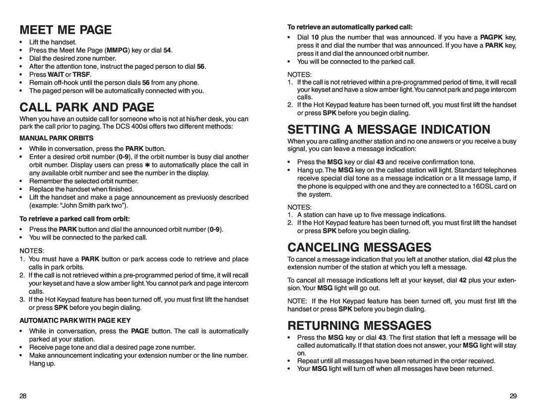 DCS 7B, STD 24B Meet Me Page, Call Park And Page, Setting A Message Indication, Canceling Messages, Returning Messages 