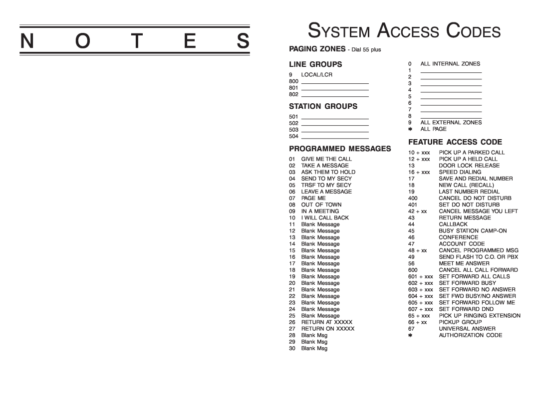 DCS STD 24B, LCD 24B N O T E S, System Access Codes, Line Groups, Station Groups, Programmed Messages, Feature Access Code 