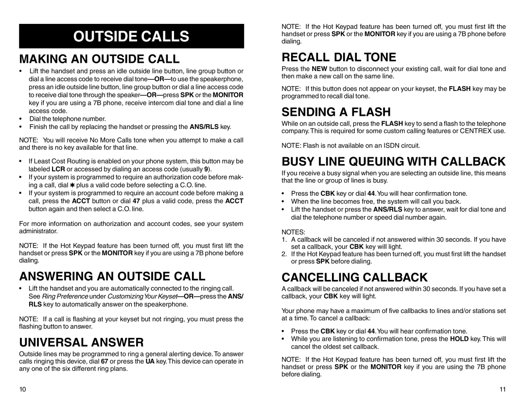 DCS BASIC 12B, 7B Outside Calls, Making An Outside Call, Answering An Outside Call, Universal Answer, Recall Dial Tone 