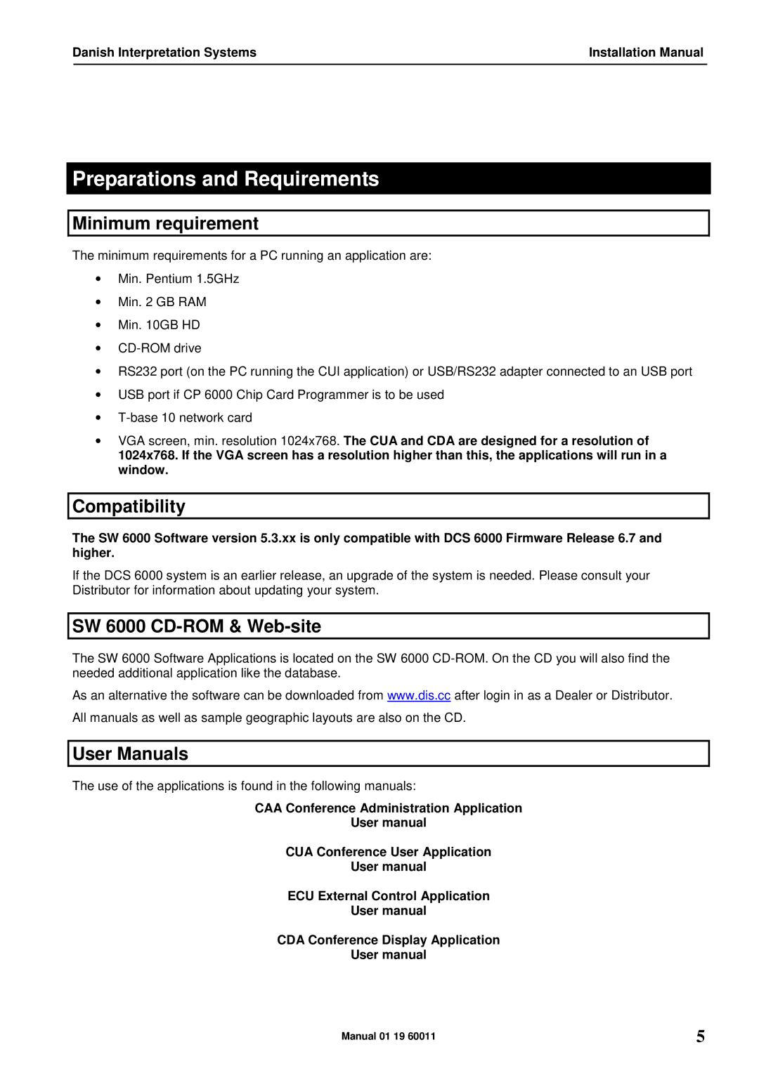 DCS installation manual Preparations and Requirements, Minimum requirement, Compatibility, SW 6000 CD-ROM & Web-site 