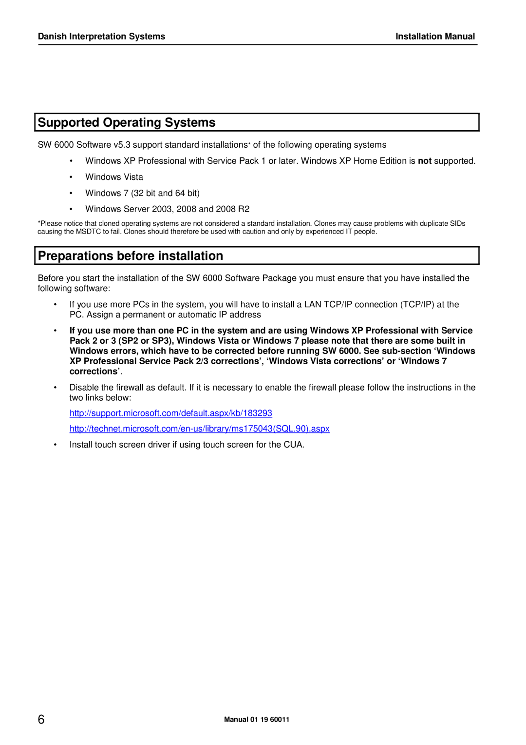 DCS SW 6000 installation manual Supported Operating Systems, Preparations before installation 