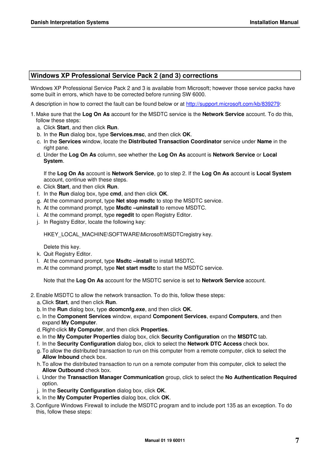 DCS SW 6000 installation manual Windows XP Professional Service Pack 2 and 3 corrections 