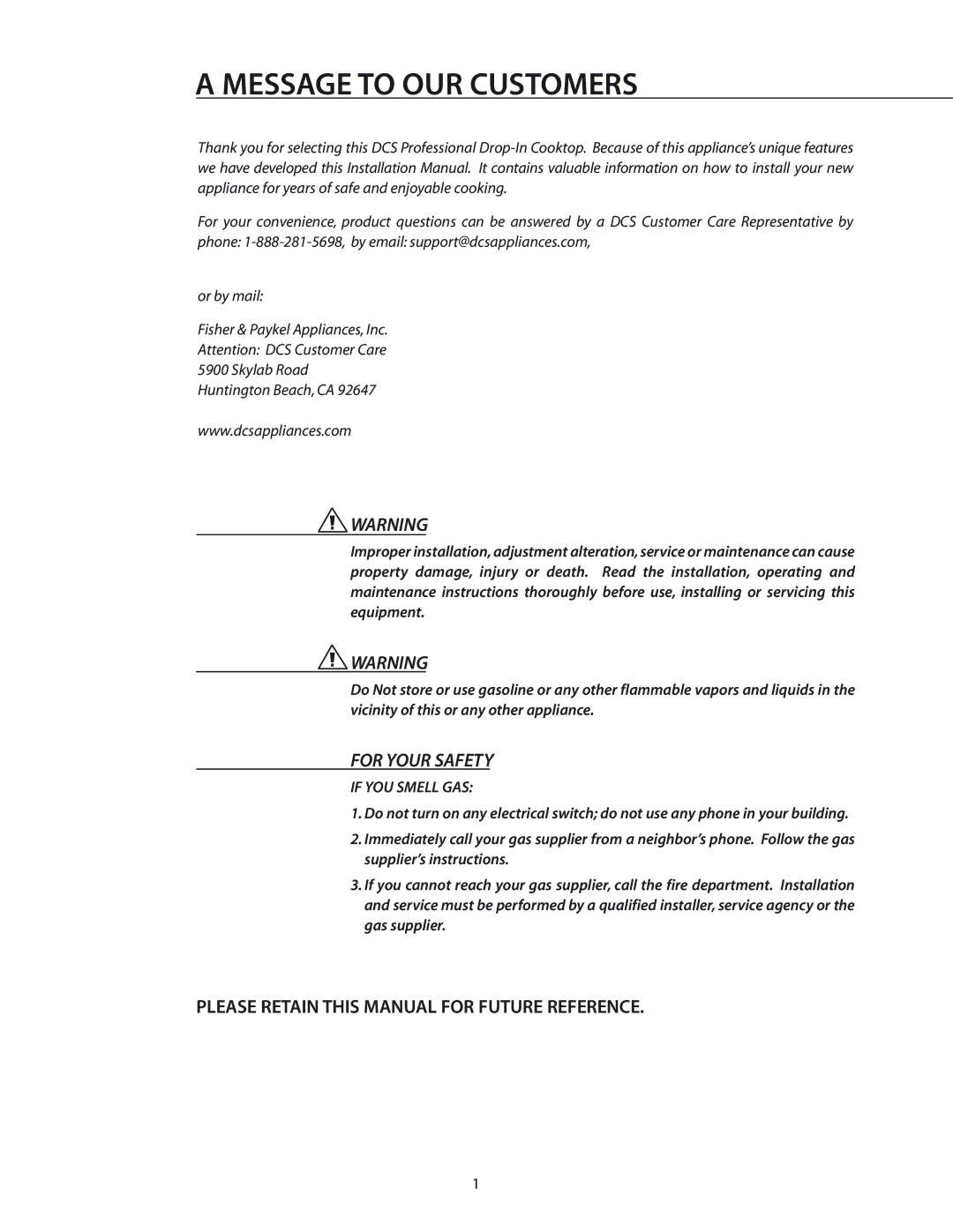 DCS T-365BK, CT-365SS installation manual Message to OUR Customers, Please Retain this Manual for Future Reference 