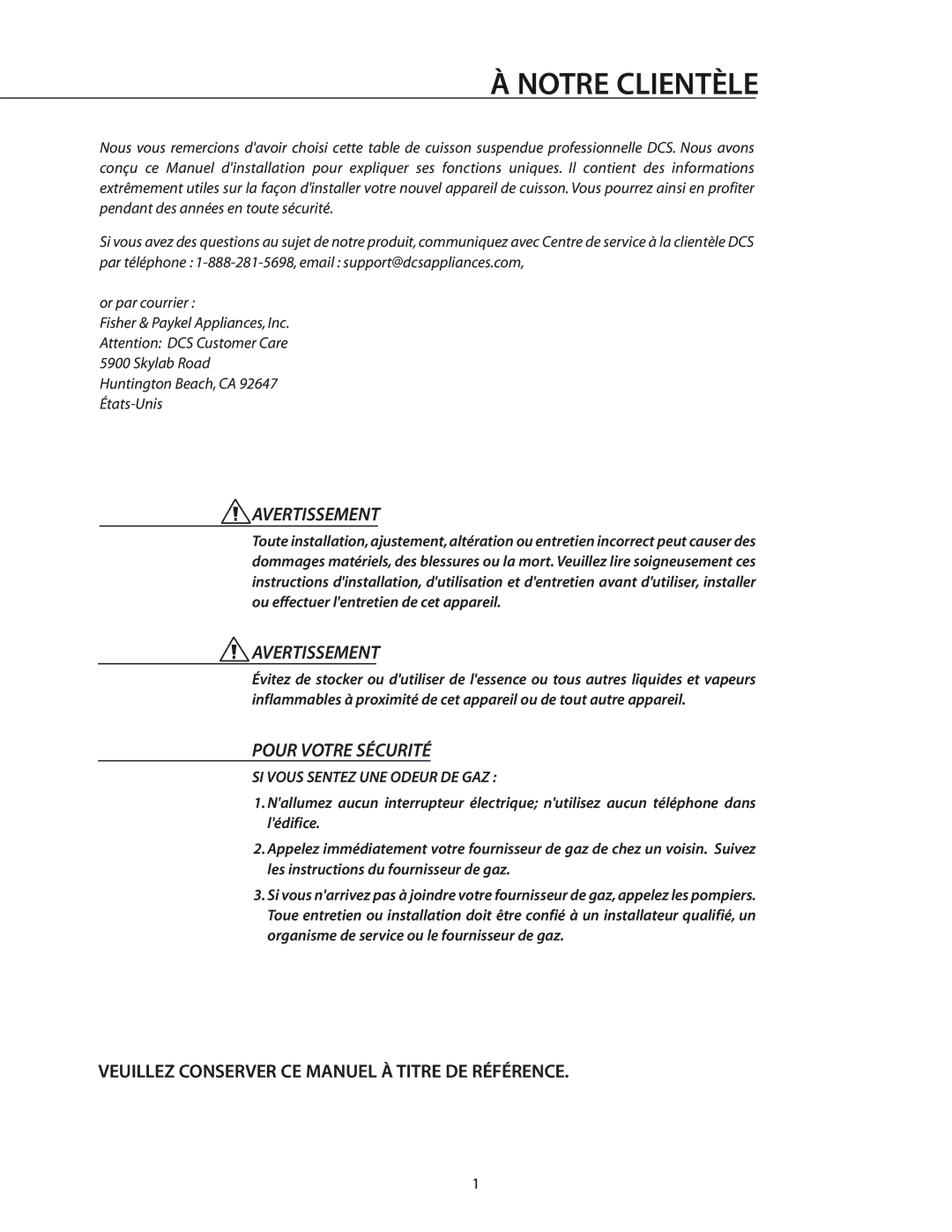 DCS CT-365SS, T-365BK installation manual Notre Clientèle, Veuillez Conserver CE Manuel À Titre DE Référence 