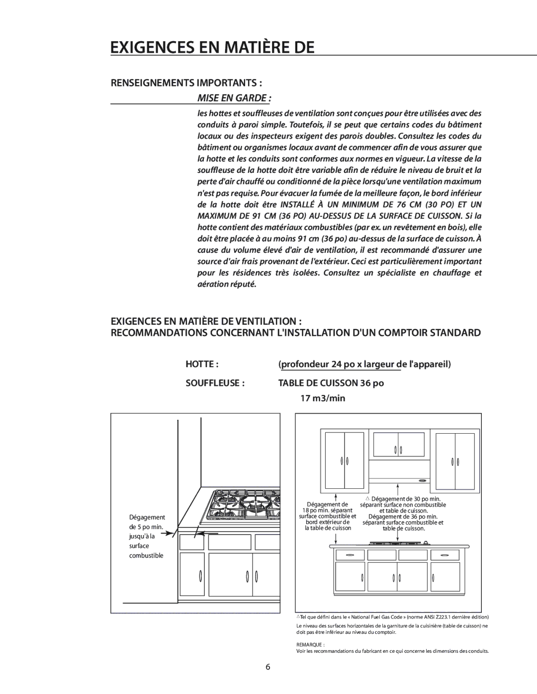 DCS T-365BK, CT-365SS installation manual Exigences EN Matière DE, Renseignements Importants 