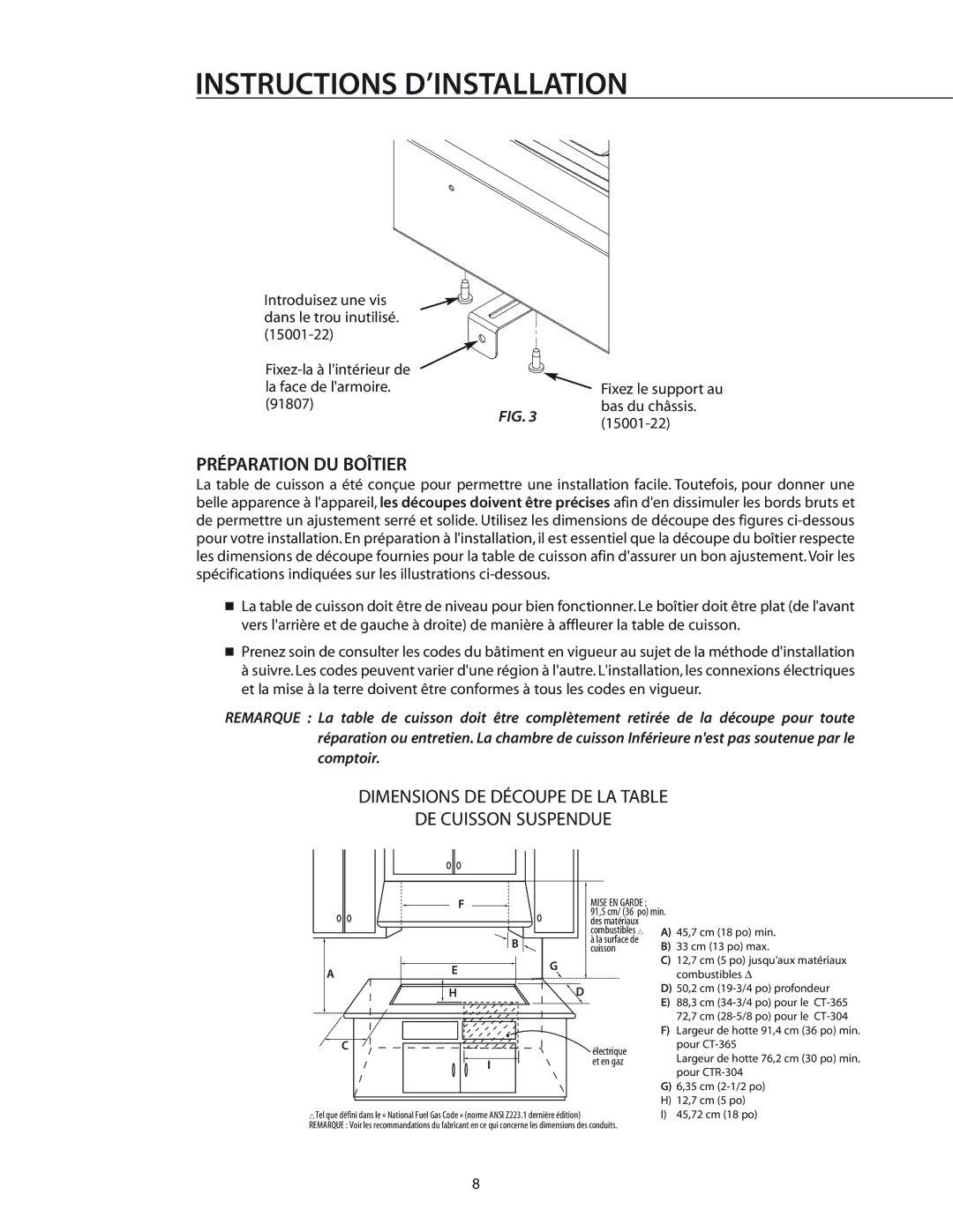 DCS T-365BK, CT-365SS installation manual Préparation DU Boîtier, Dimensions DE Découpe DE LA Table DE Cuisson Suspendue 