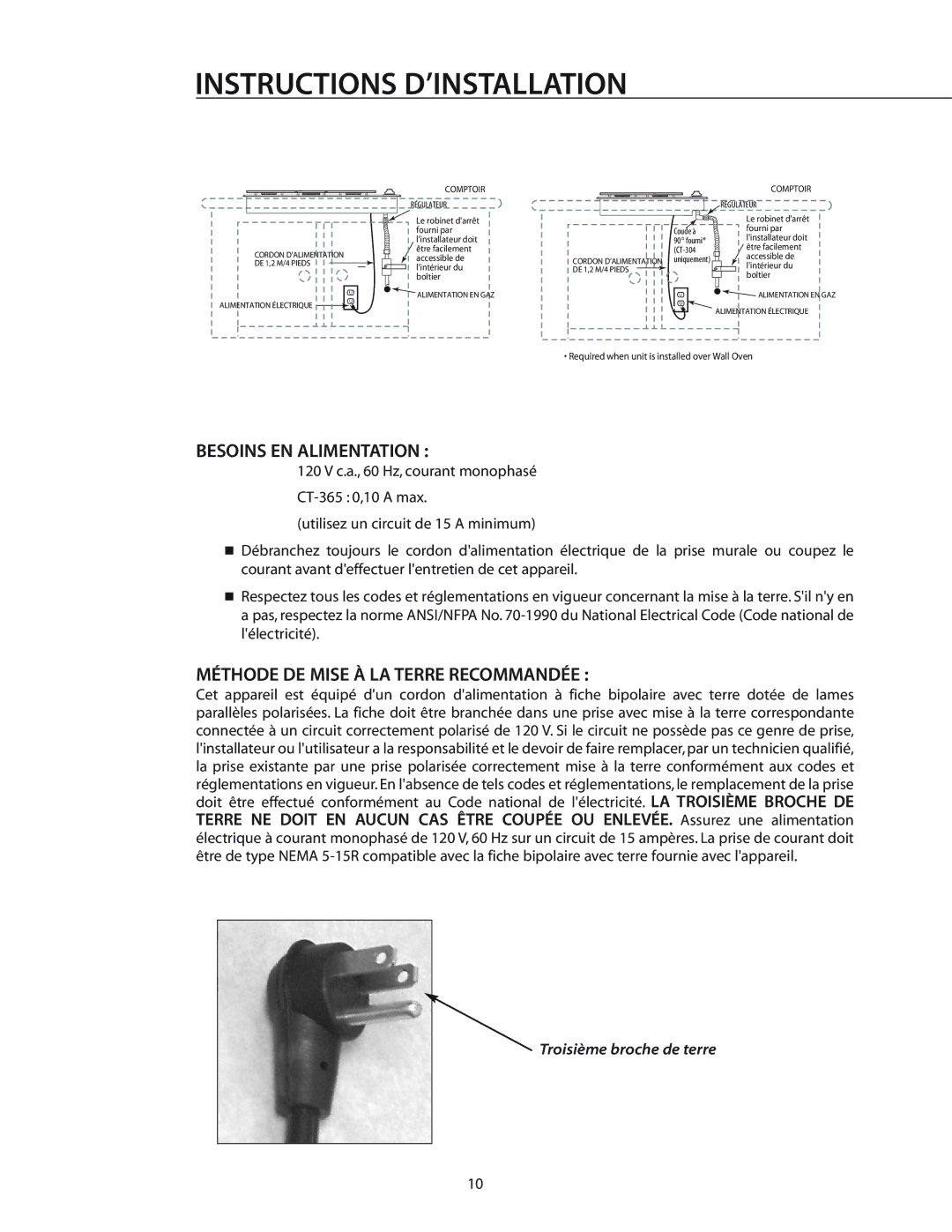 DCS T-365BK, CT-365SS installation manual Besoins EN Alimentation, Méthode DE Mise À LA Terre Recommandée 