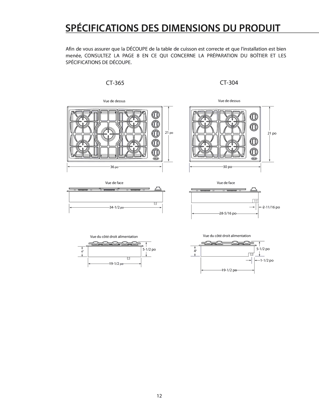 DCS T-365BK, CT-365SS installation manual Spécifications DES Dimensions DU Produit 