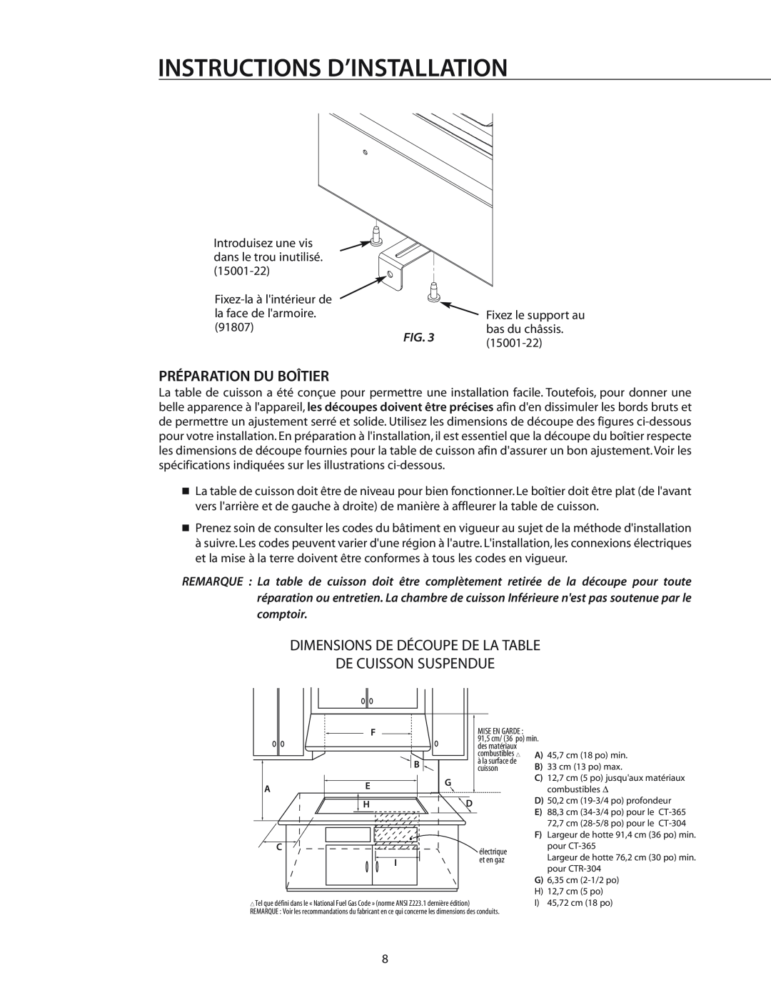 DCS T-365BK Préparation Du Boîtier, Dimensions De Découpe De La Table De Cuisson Suspendue, Instructions D’Installation 