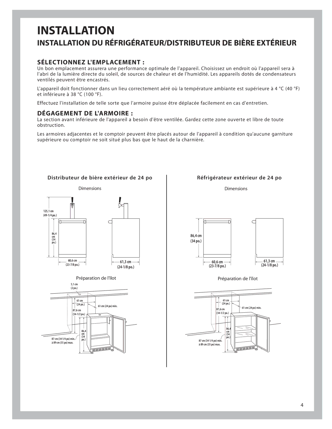 DCS UT624, UR624 manual Sélectionnez Lemplacement, Dégagement DE Larmoire 