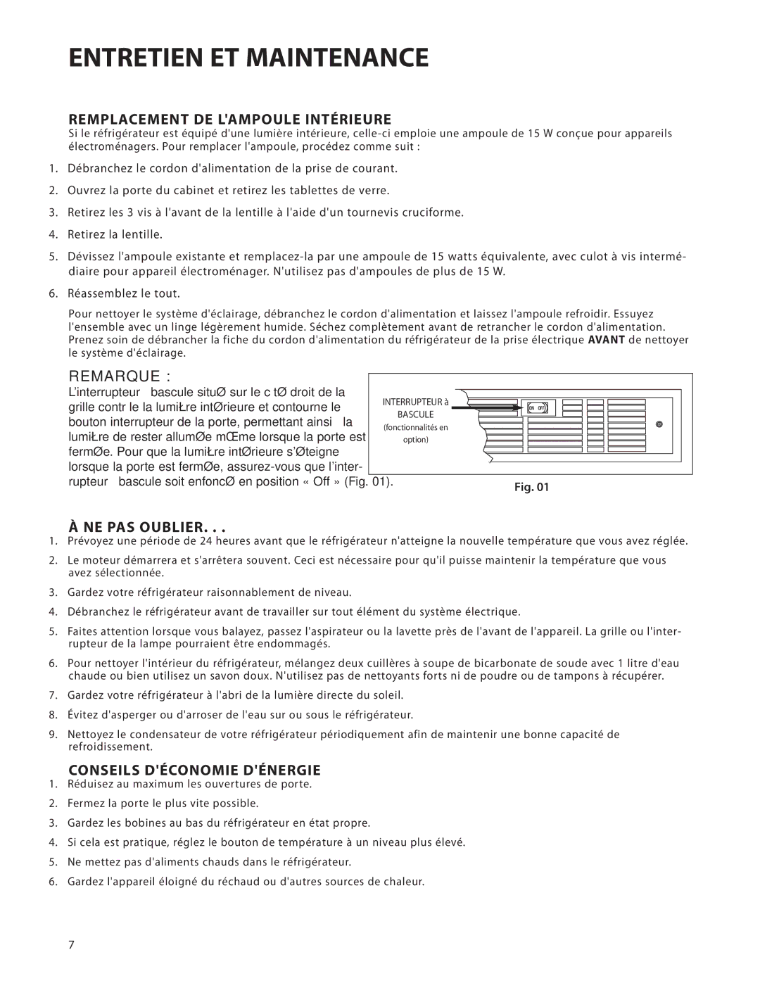 DCS UR624, UT624 manual Entretien ET Maintenance, Remplacement DE Lampoule Intérieure, Remarque, NE PAS Oublier 