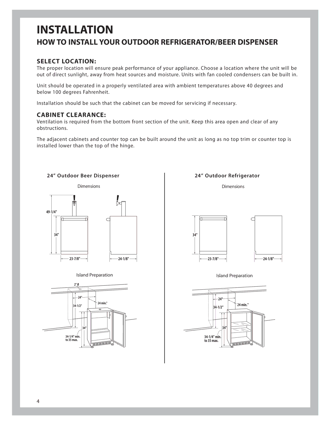 DCS UR624, UT624 manual Installation, Select Location, Cabinet Clearance 