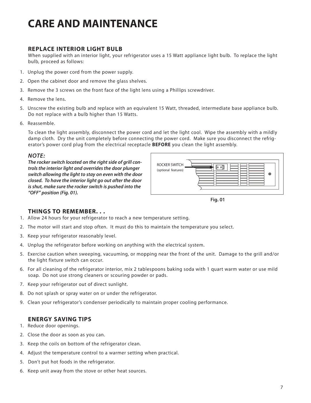 DCS UT624, UR624 manual Care and Maintenance, Replace Interior Light Bulb, Things to Remember, Energy Saving Tips 