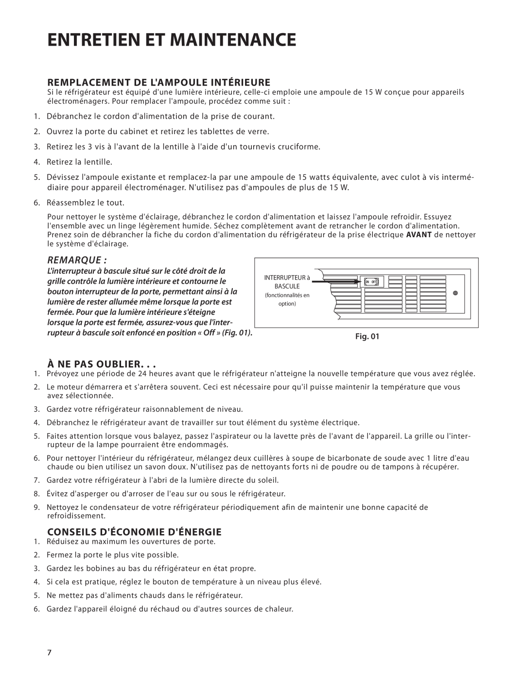 DCS UR624, UT624 manual Entretien Et Maintenance, Remplacement De Lampoule Intérieure, Remarque, À Ne Pas Oublier 