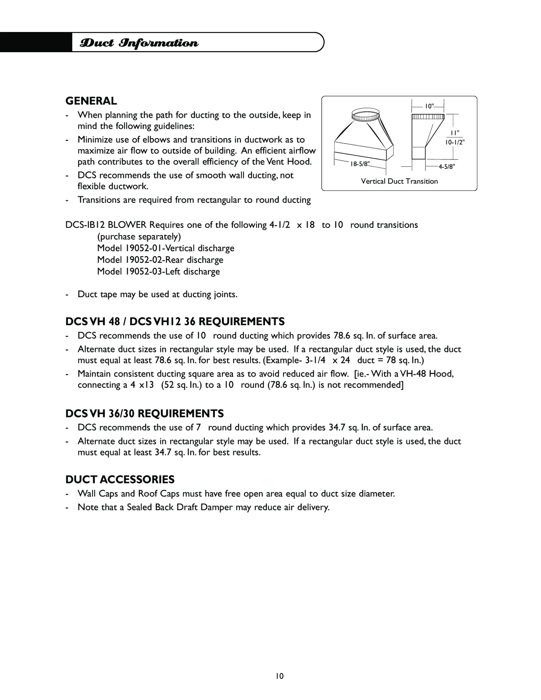 DCS VH-30HS Duct Information, General, DCS VH 48 / DCS VH12 36 Requirements, DCS VH 36/30 Requirements, Duct Accessories 