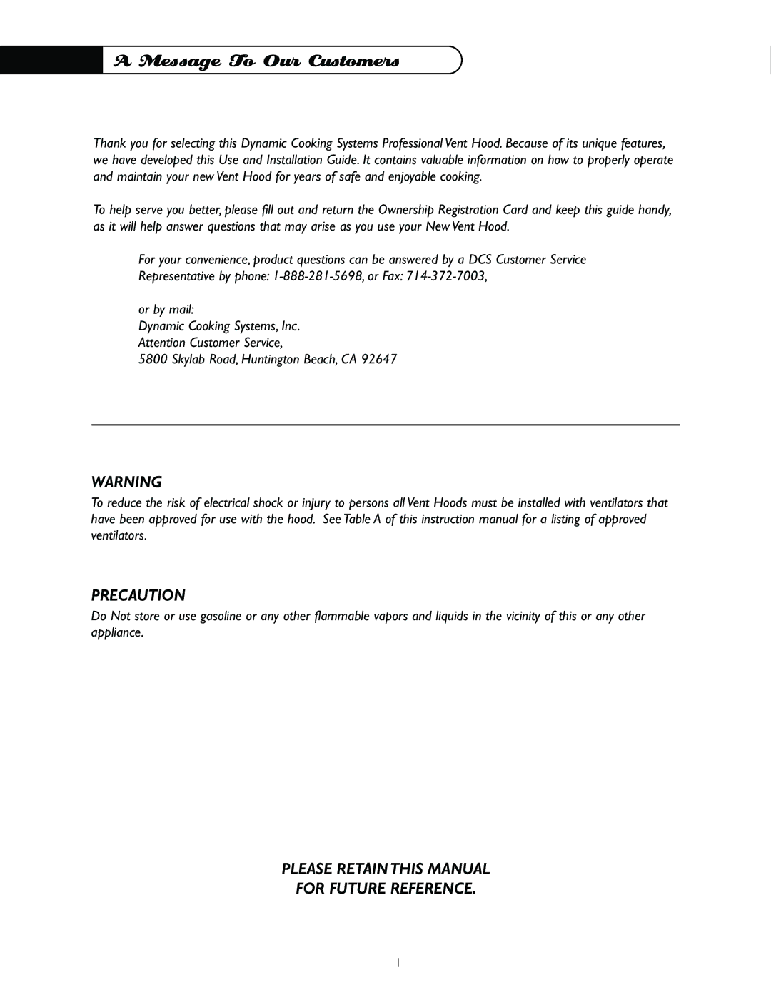 DCS VH-36S, VH-48S, VH-36HS, VH-30HS, VH12-36S, VH-48HS, VH-30S, VH12-36HS manual Message To Our Customers, Precaution 