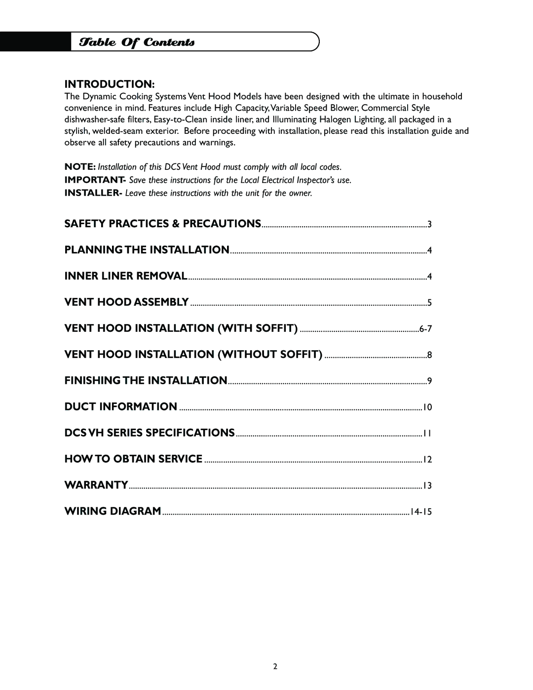 DCS VH-30HS, VH-48S, VH-36HS, VH-36S, VH12-36S, VH-48HS, VH-30S, VH12-36HS manual Table Of Contents 