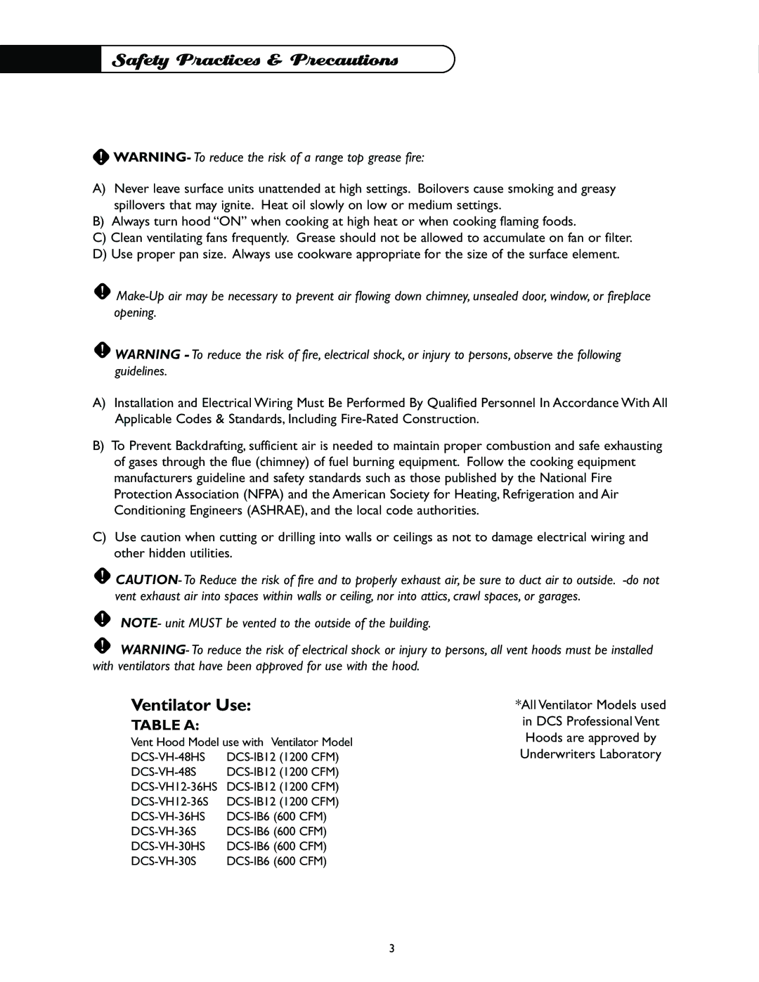 DCS VH12-36S, VH-48S, VH-36HS, VH-36S, VH-30HS, VH-48HS, VH-30S, VH12-36HS manual Safety Practices & Precautions, Ventilator Use 