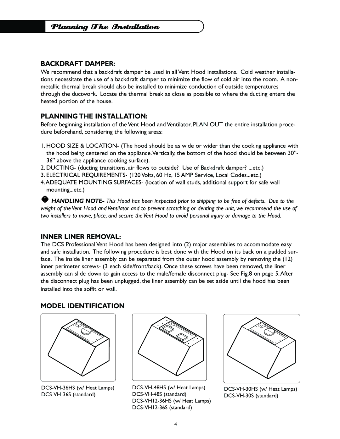 DCS VH-48HS, VH-48S, VH-36HS Planning The Installation, Backdraft Damper, Planning the Installation, Inner Liner Removal 