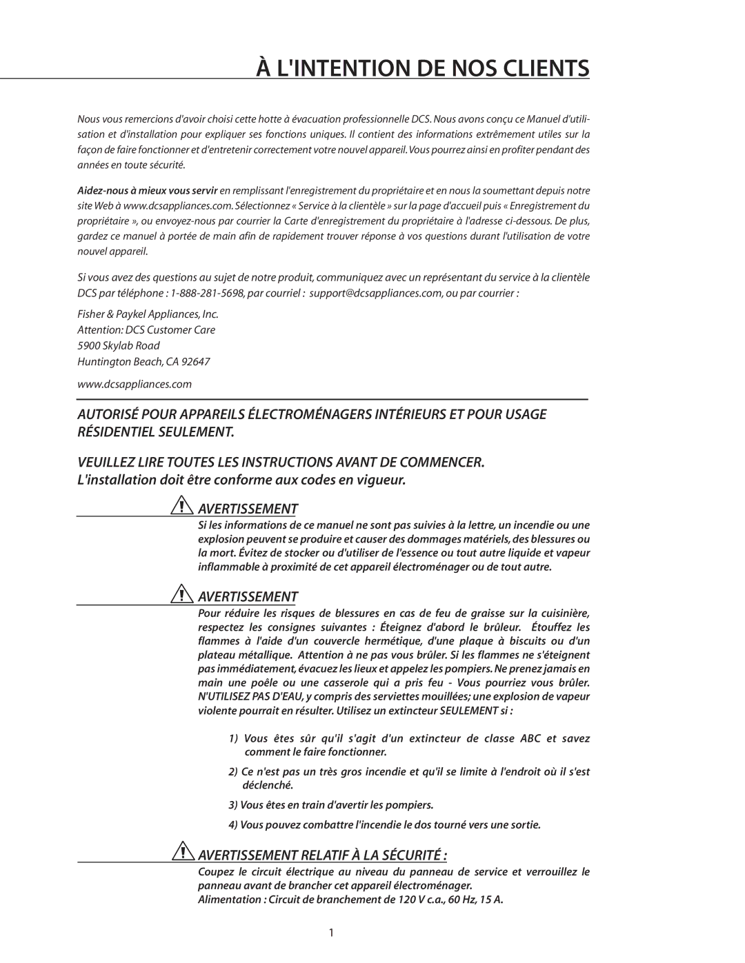 DCS VS48, VS30, VS36, ES36, ES30, VS1236 manual Lintention DE NOS Clients, Avertissement 