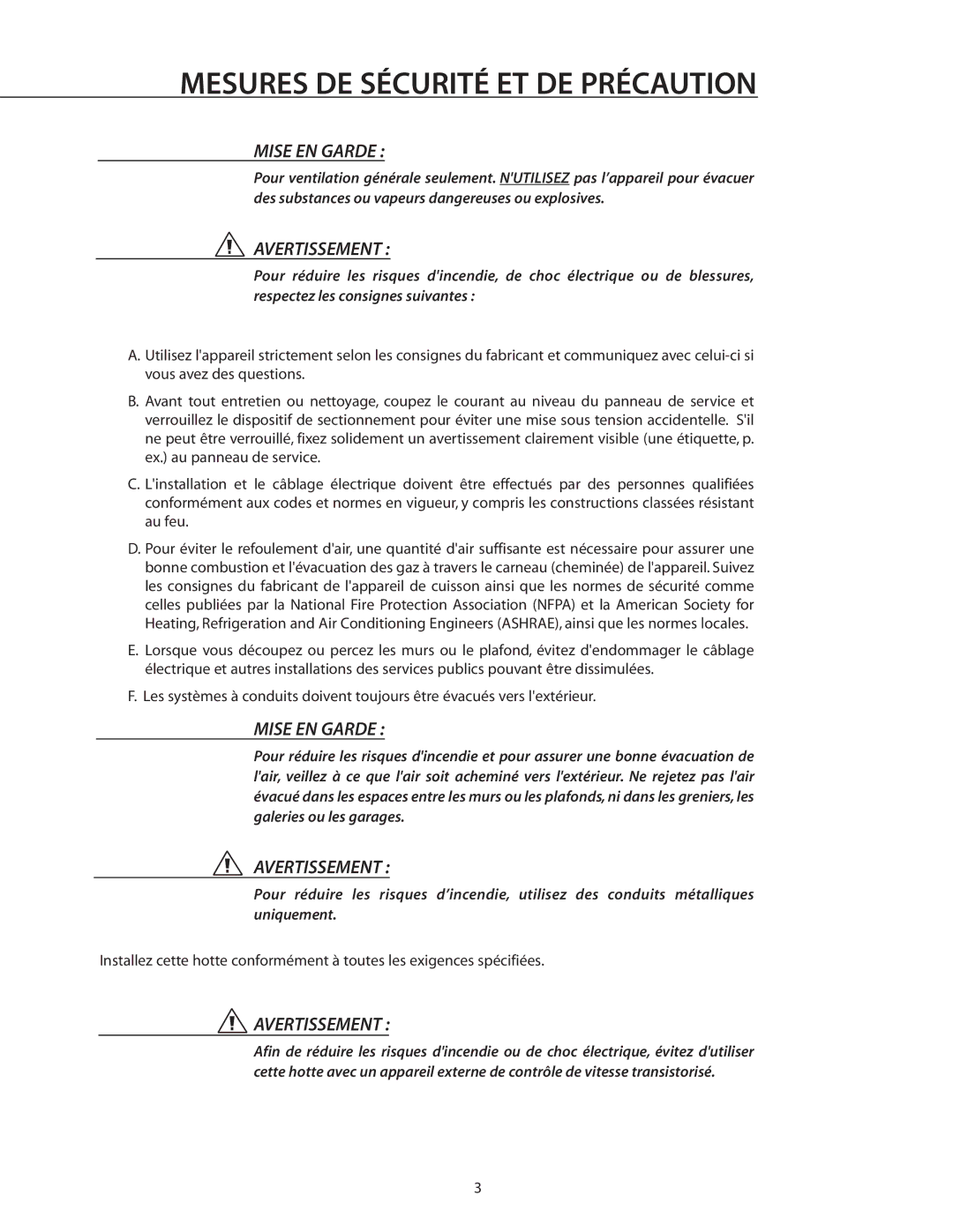 DCS ES36, VS30, VS48, VS36, ES30, VS1236 manual Mesures DE Sécurité ET DE Précaution, Mise EN Garde 