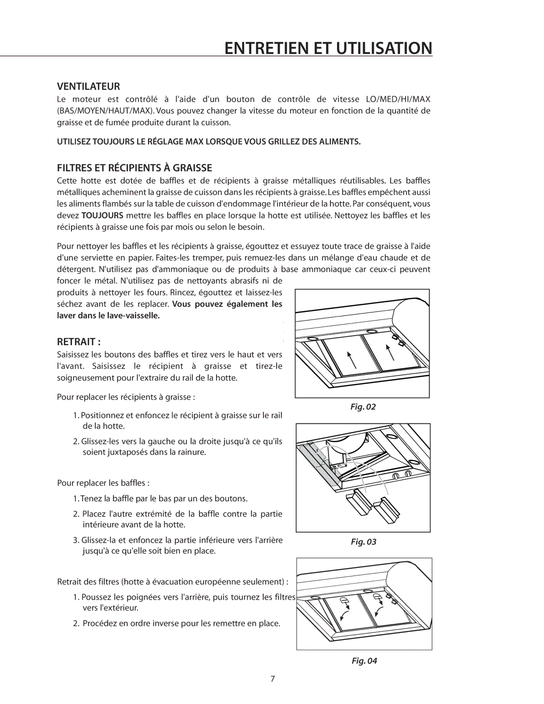 DCS VS48, VS30, VS36, ES36, ES30, VS1236 manual Ventilateur, Filtres ET Récipients À Graisse, Retrait 